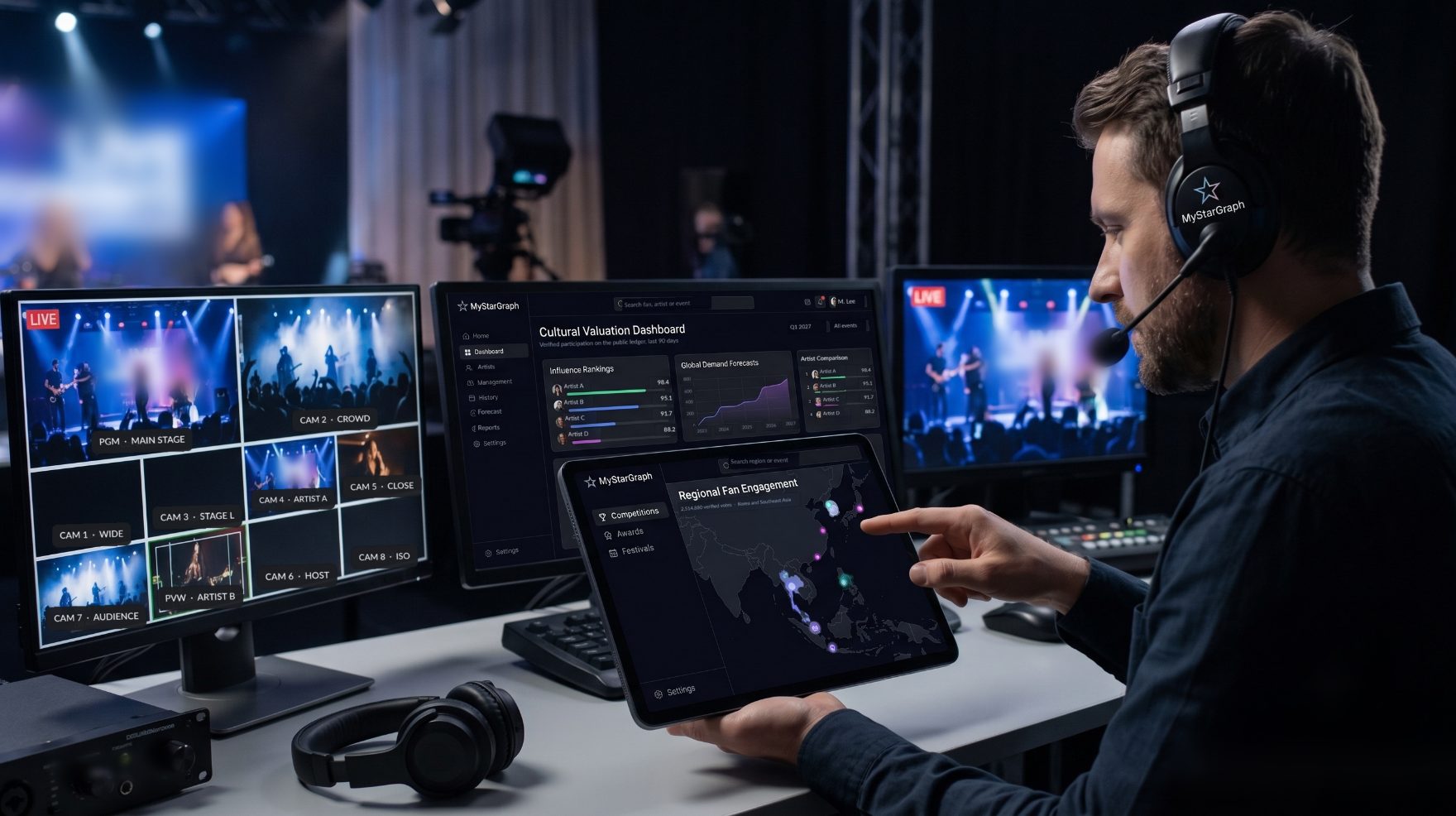 A broadcast control room where an operator reviews a MyStarGraph cultural valuation dashboard on a monitor and a regional fan engagement map on a tablet.